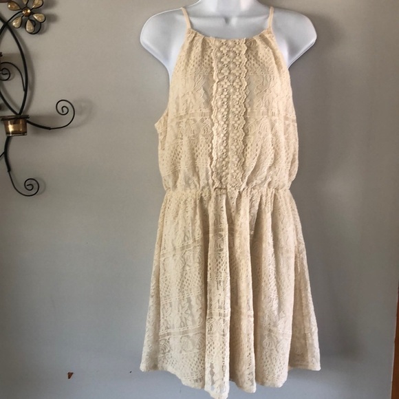 NEW LUSH Halter Lace Overlay Fit & Flare Skater Cream Vanilla Beige Mini L Dress - Picture 2 of 12
